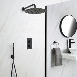 Llave de Ducha Termostática Empotrable de 2 Función con Desviador Negra con Alcachofa de Ducha Redonda de 300mm y Telefonillo - Nox