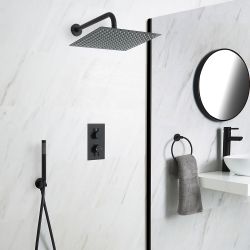 Llave de Ducha Termostática Empotrable de 2 Funciones con Desviador Negra con Alcachofa de Ducha Cuadrada de 300x300mm y Telefonillo - Nox