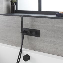 Mezclador de Ducha Termostático Negro de 2 Salidas con Desviador, Llenador de Bañera para Rebosadero y Telefonillo - Nox