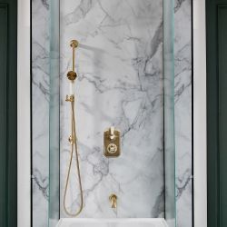 Conjunto de Ducha Tradicional Completo con Mezclador de Ducha Termostático con Desviador, Barra de Duchas Deslizante y Erogador para Bañera (2 Salidas) - Oro Satinado - Elizabeth