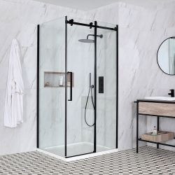Puerta de Ducha Corredera Negra Sin Marco para Mampara de Ducha - Disponible en Distintas Medidas y con Panel Lateral - Nox
