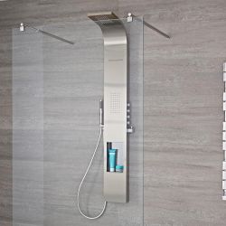 Panel de Ducha Termostático de 4 Funciones con Erogador a Cascada, Alcachofa Efecto Lluvia y Repisa Integrada - Vista