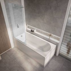 Bañera Moderna para Ducha con Un Respaldo Lateral - Disponible en Distintas Medidas con Mampara en Distintos Tamaños y Opción de Faldones - Covelly