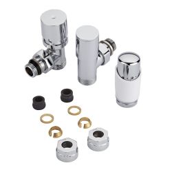 Par de Llaves Termostáticas Con Cabezal Blanco para Radiador y Toallero con Adaptadores para Tubos de Cobre de 14mm