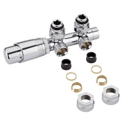 Llaves Angulares Cromadas para Radiador y Toallero con Cabezal Termostático Cromado y Adaptadores para Tubos de Cobre 16mm - Multiblock H