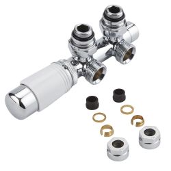 Llaves Angulares Cromadas para Radiador y Radiador Toallero con Conexión Central Completas con Cabezal Termostático Cromado y Blanco y Adaptadores para Tubos de Cobre 15mm - Multiblock H