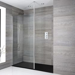 Mampara para Ducha de Obra Sera Completa con Hoja de Vidrio Fija con Perfilería Cromada y Plato de Ducha Efecto Piedra Disponible en Distintos Acabados - Disponible en Distintas Medidas