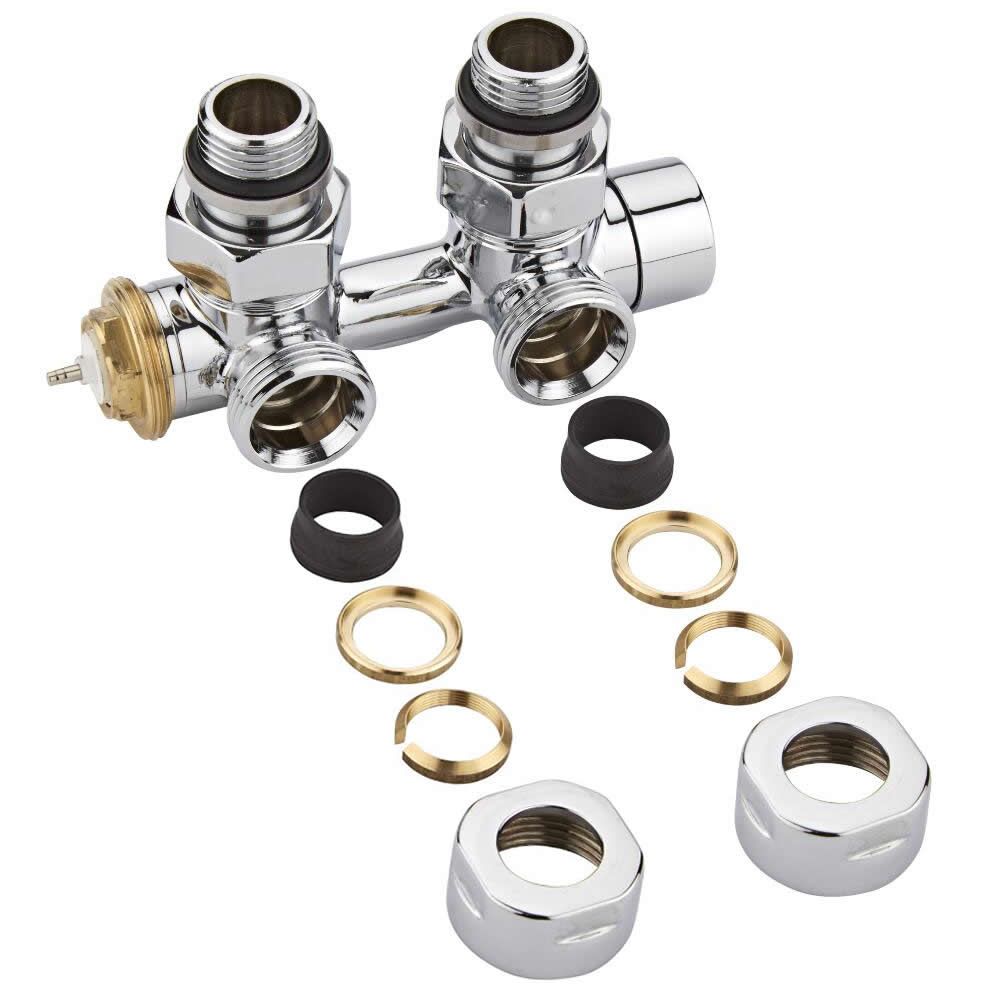 Par de Llaves Termostáticas Angulares Cromadas para Conexión Central con Adaptador  pata Tubos de Cobre de 16mm - Multiblock H