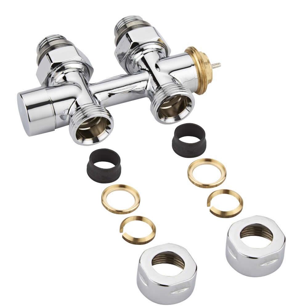Par de Llaves Rectas Termostáticas Cromadas para Radiador o Toallero con Conexión Central con Adaptador para Tubos de Cobre de 16mm - Multiblock H