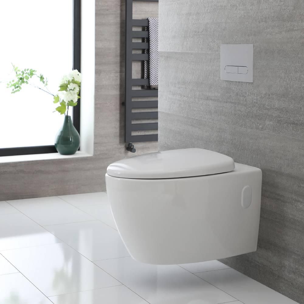 Inodoro WC Oval Moderno Suspendido sin Brida 340x380x570mm con Tapa de WC con Cierre Amortiguado – Kenton