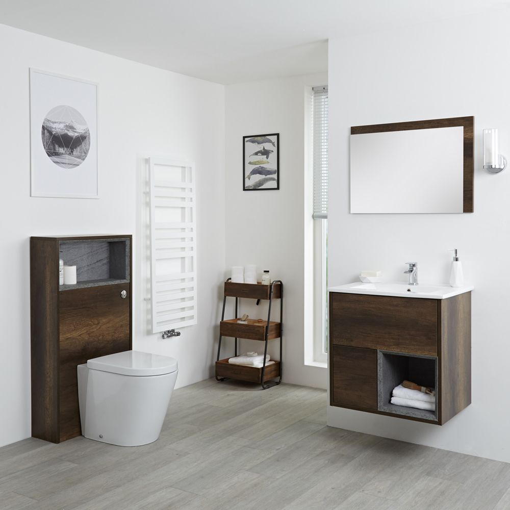 Conjunto de Baño con Diseño Abierto de Color Roble Oscuro Completo con Mueble Para Lavabo de 600mm, Lavabo, WC y Cisterna - Hoxton