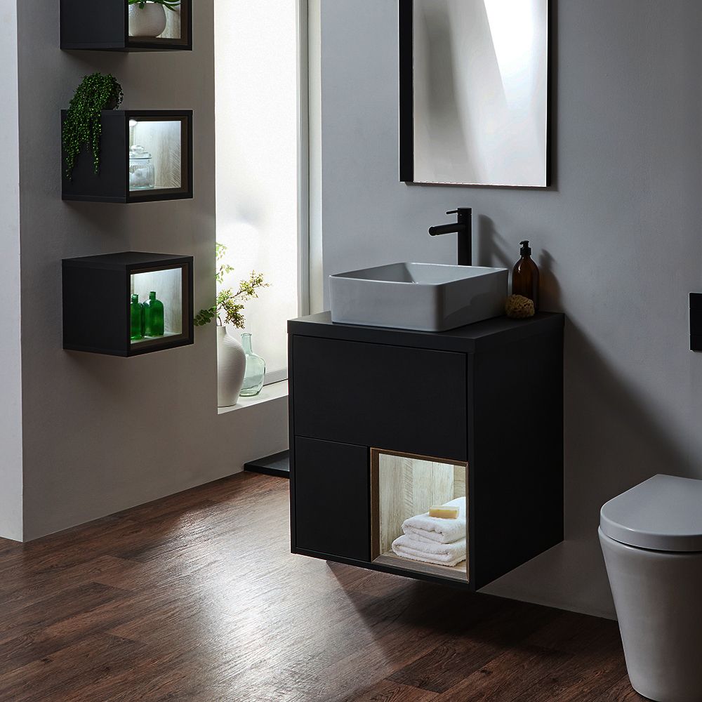 Mueble Suspendido con Repisa Abierta de Color 600mm - Selección de Lavabos, Acabado y Luz LED - Hoxton