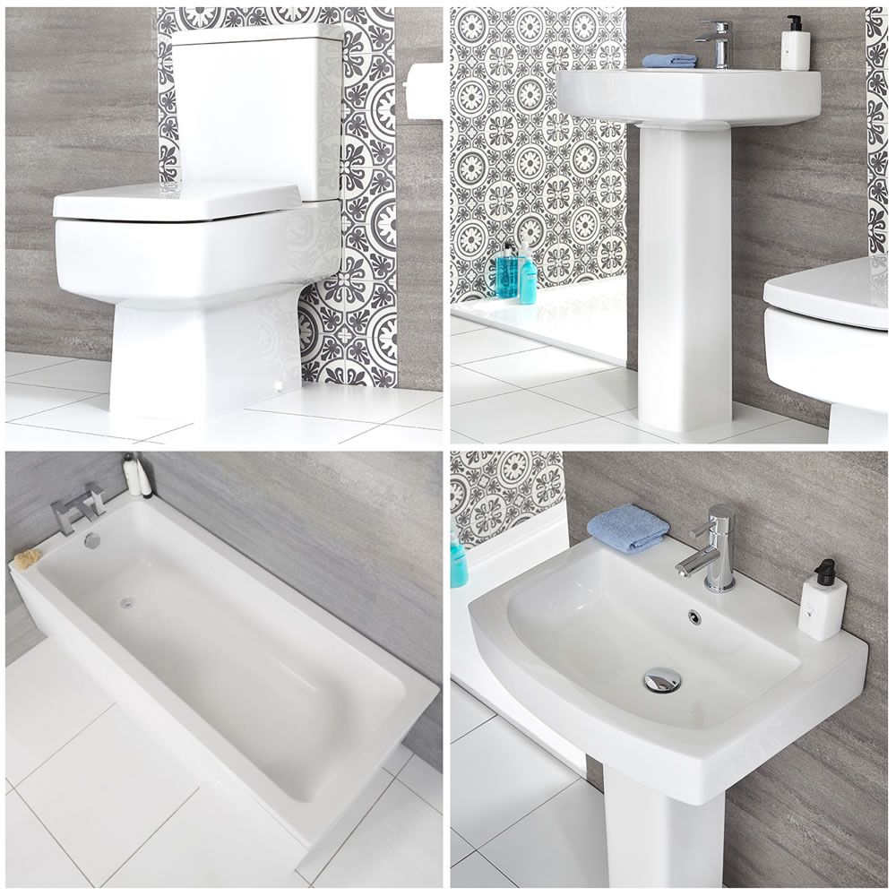 Conjunto para Baño Moderno Completo con Bañera Recta Estándar, Inodoro Adosado y Lavabo con Pedestal - Sandford
