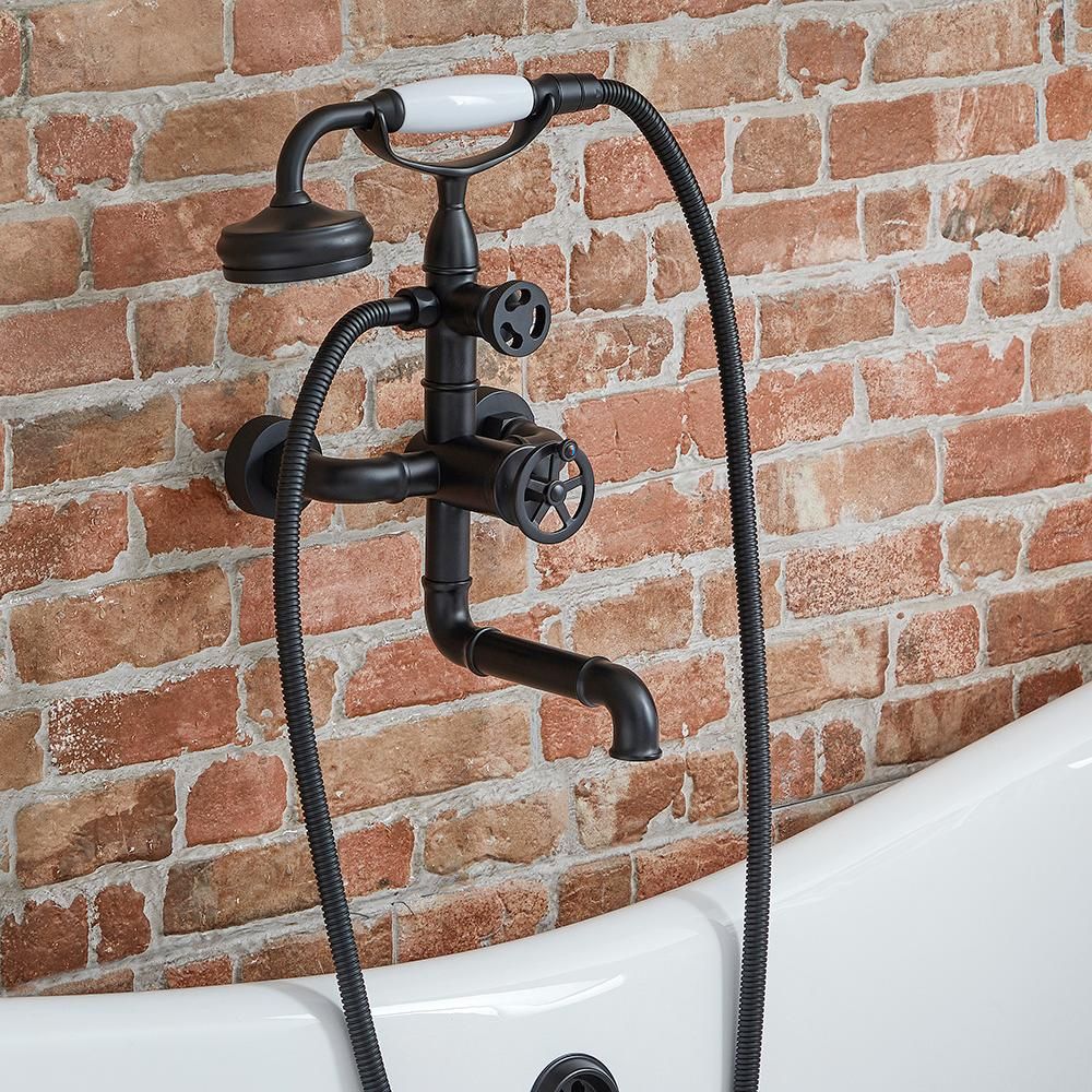 Grifo Mezclador Mural para Bañera con Telefonillo de Ducha en Estilo Industrial - Disponible en Distintos Acabados - Zandra