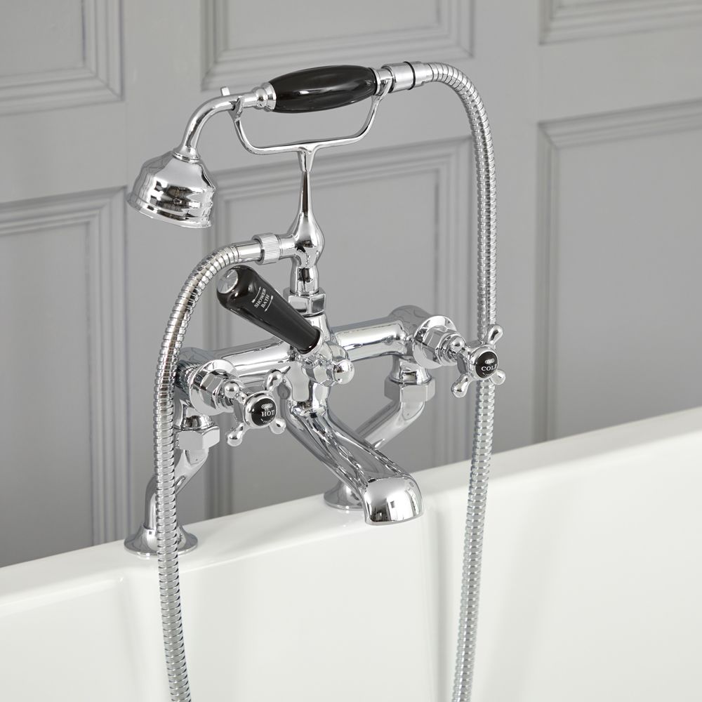 Hudson Reed Elizabeth - Grifo Mezclador para Bañera con Telefonillo Diseño Tradicional con Manijas en Cruceta - Cromado y Negro