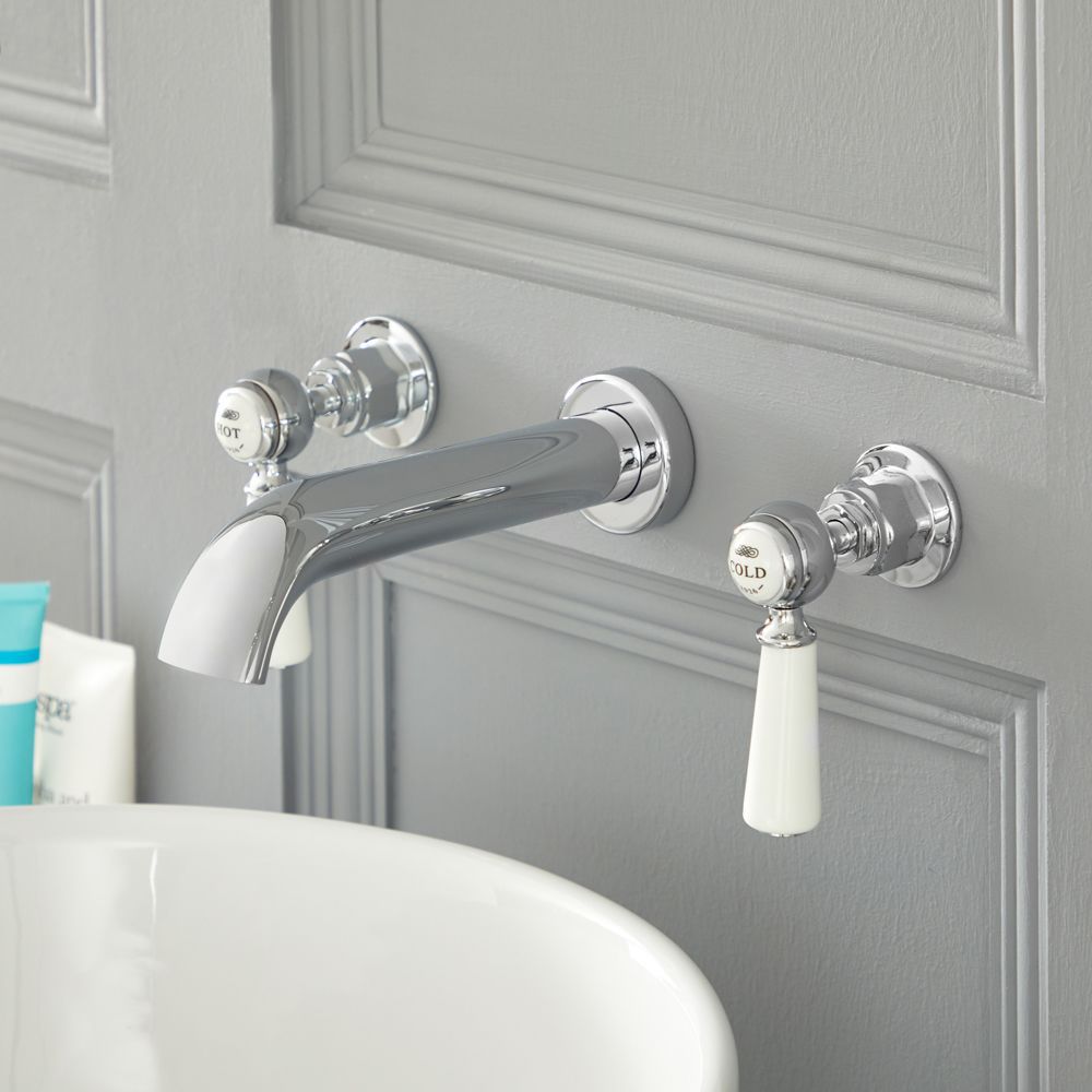 Grifo Mezclador de Pared de 3 Agujeros Tradicional para Lavabo con Manijas a Palanca Disponible en Distintos Acabados - Elizabeth
