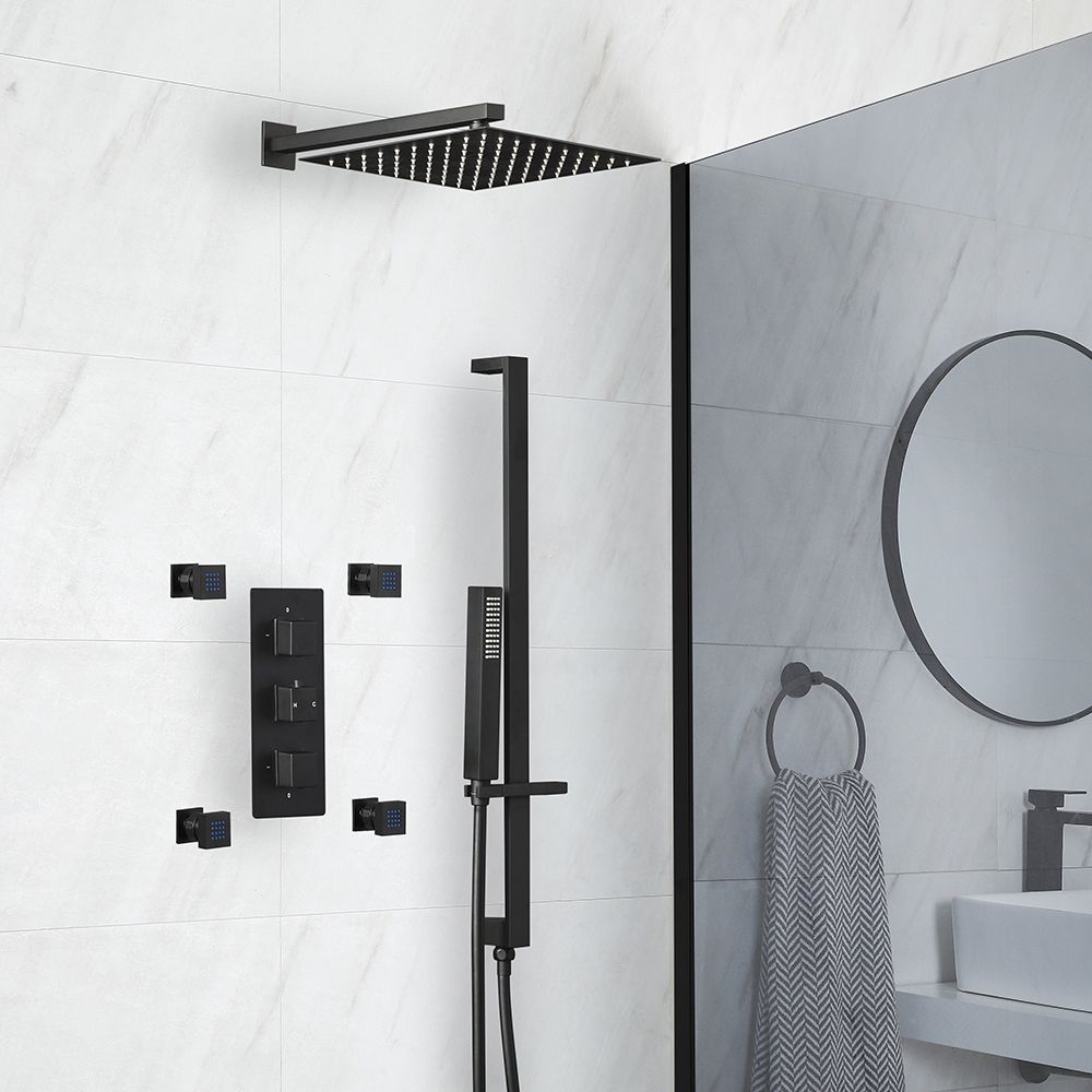 Conjunto de Ducha Termostático Negro con Desviador, Alcachofa, Barra de Ducha Deslizante con Telefonillo de Ducha y Jets Hidromasaje (3 Salidas) - Preto