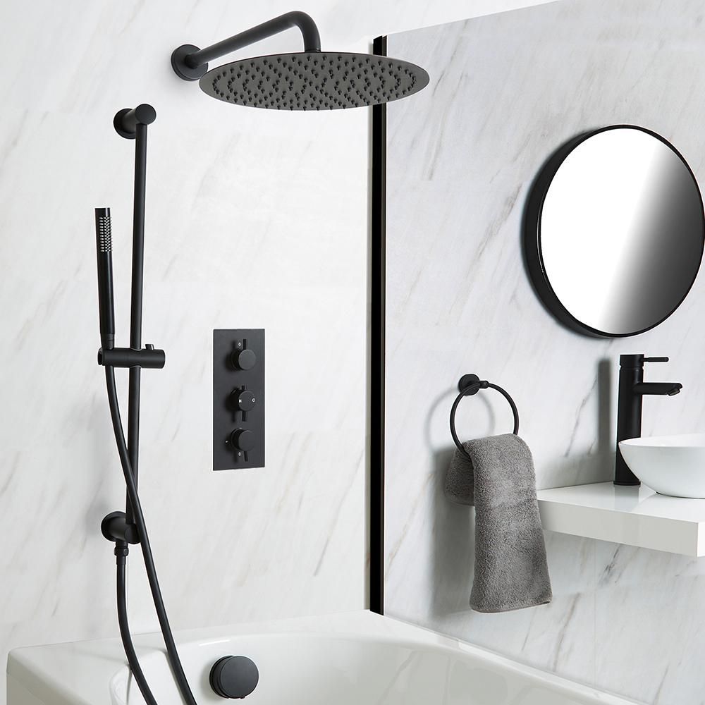 Ducha Termostática Negra de 3 Salidas con Alcachofa de Ducha, Rebosadero, Llenador de Bañera y Barra de Ducha Deslizante con Telefonillo - Nox