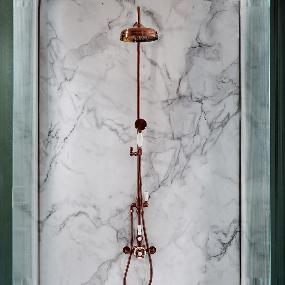 Hudson Reed Elizabeth - Columna de Ducha Tradicional con Barra Deslizante, Mezclador de Ducha Termostático Expuesto de 2 Salidas - Cobre Satinado