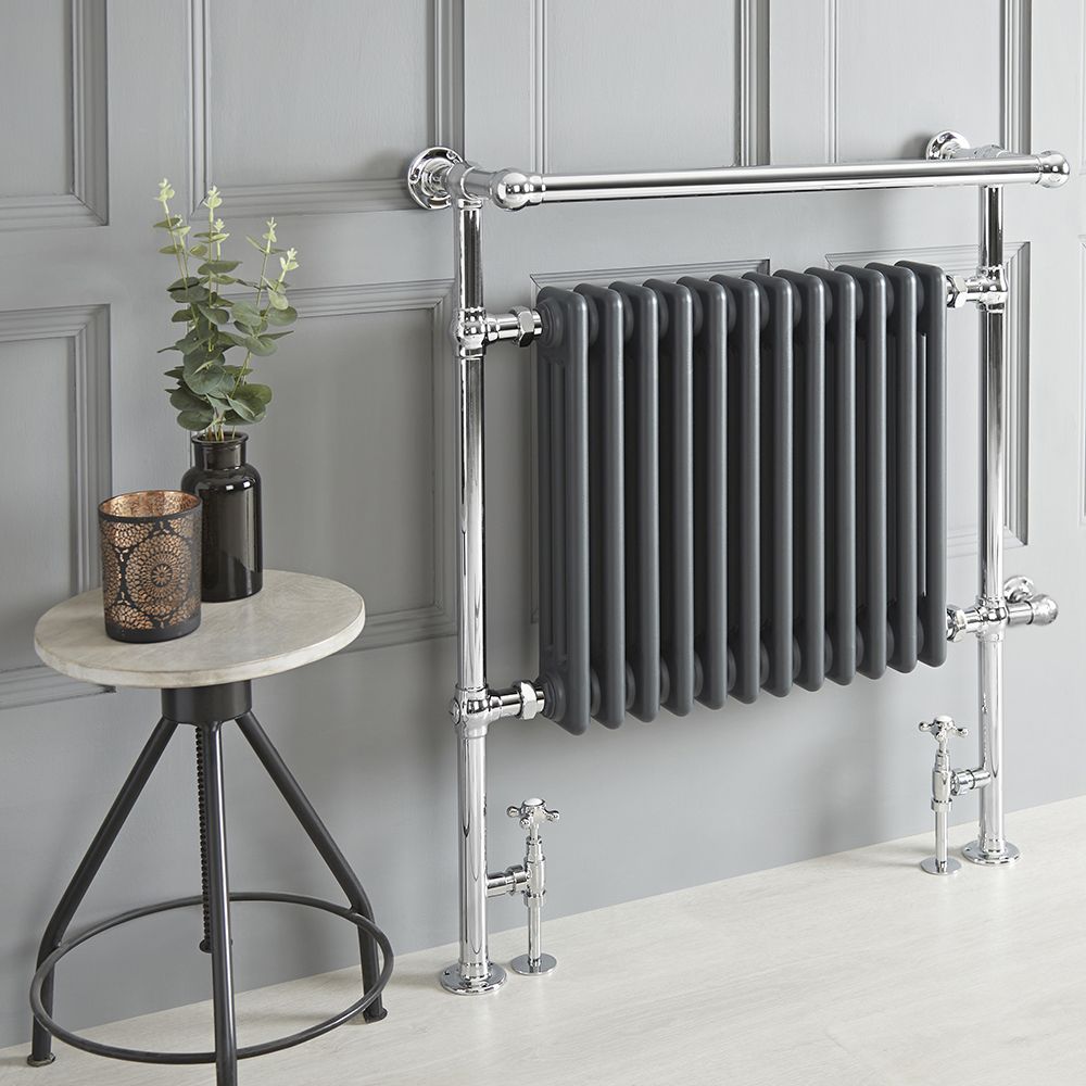 Radiador Toallero Mixto Tradicional Antracita - 930mm x 790mm (Barra Superior Angular) - Elizabeth - Elección de Termostato Wi-Fi y Oculta Cables