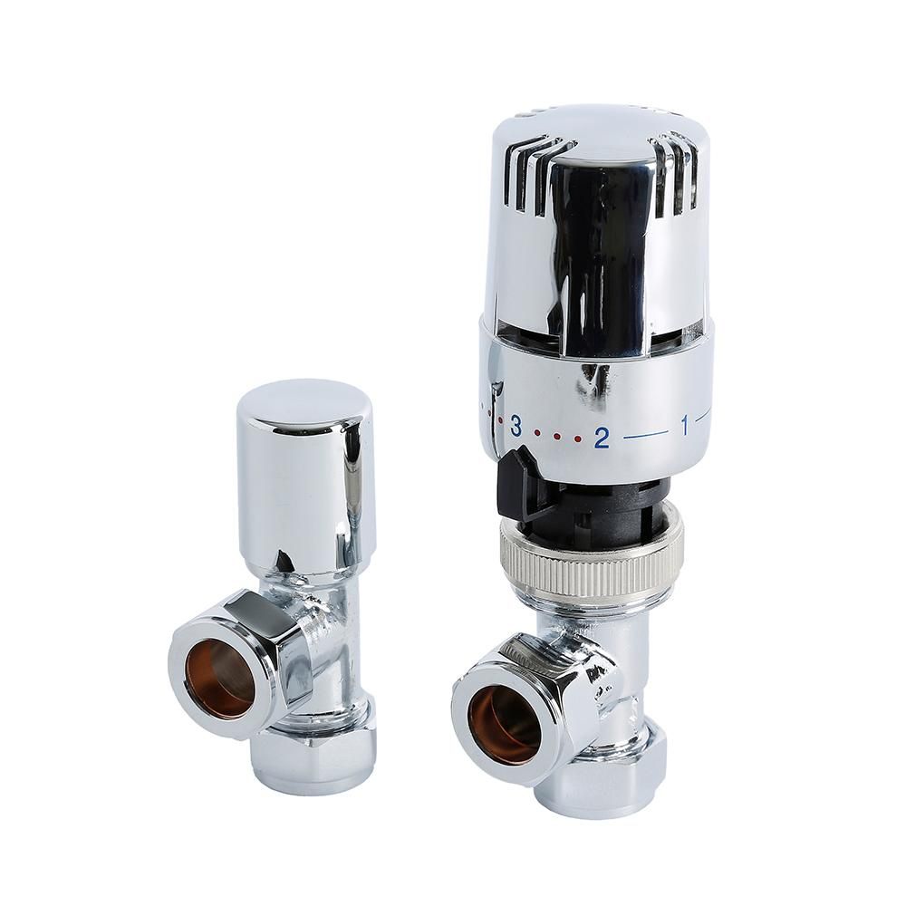 Llaves Angulares Termostáticas Cromadas  para Radiadores y Toalleros con Cabezal Termostático Cromado para Tubos de Cobre de 15mm