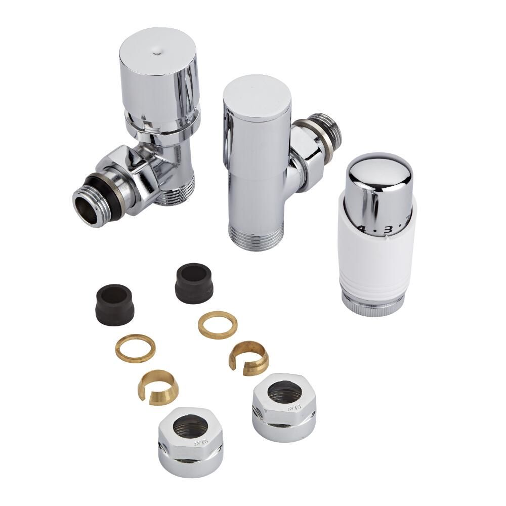 Par de Llaves Termostáticas Con Cabezal Blanco para Radiador y Toallero con  Adaptadores para Tubos de Cobre de 15mm