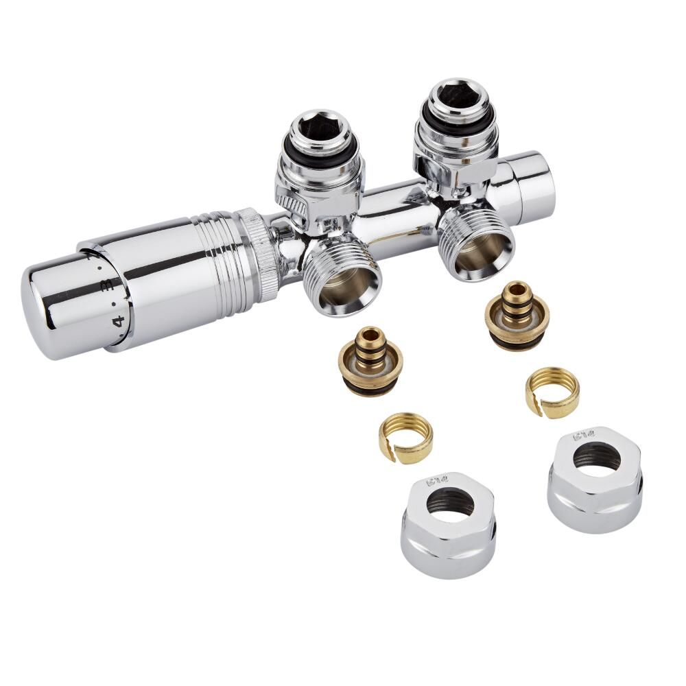 Llaves Angulares Cromadas para Radiador y Radiador Toallero con Conexión Central Completas con Cabezal Termostático Cromado y Adaptadores para Tubos Pex o Multicapa de 14mm - Multiblock H