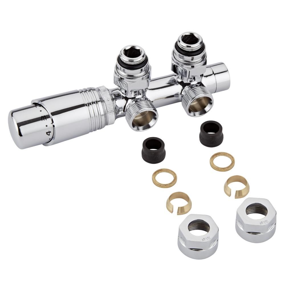 Llaves Angulares Cromadas para Radiador y Toallero de Conexión Central con Cabezal Termostático Cromado y Adaptadores para Tubos de Cobre 15mm - Multiblock H