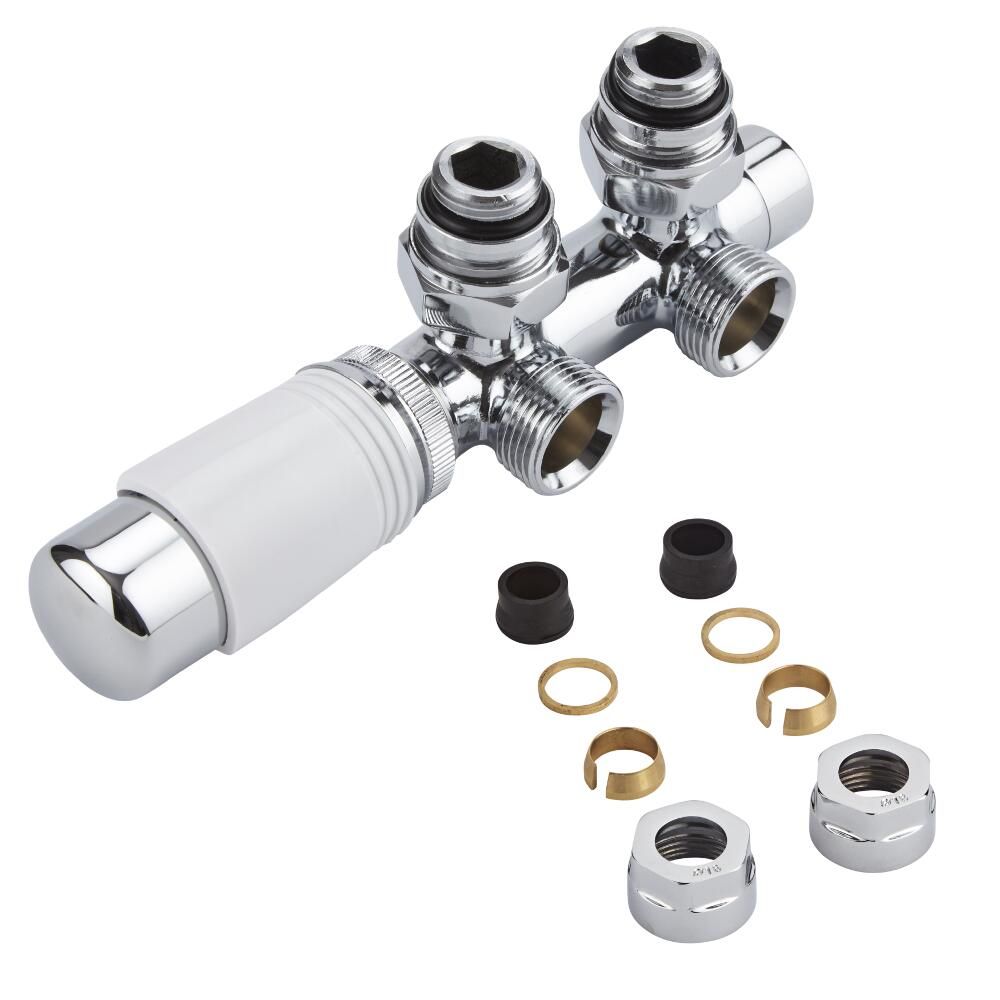 Llaves Angulares Cromadas para Radiador y Toallero con Cabezal Termostático Cromado y Blanco y Adaptadores para Tubos de Cobre 16mm - Multiblock H