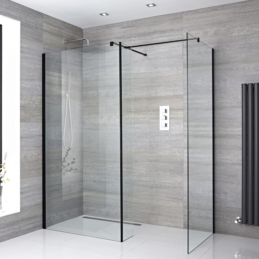 Conjunto de Ducha Walk-In Angular con Mampara para Ducha de Obra, Panel Antisalpicaduras Nox – Selección de Tamaños de Hojas y Sumideros