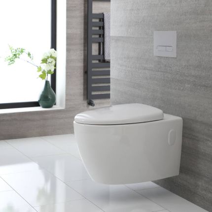 Inodoro WC Oval Moderno Suspendido sin Brida 340x380x570mm con Tapa de WC con Cierre Amortiguado – Kenton