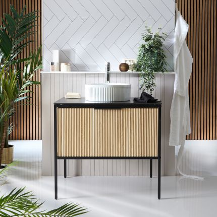 Mueble de Lavabo Acanalado - Negro y Roble Claro - Disponible en Distintas Medidas y Selección de Lavabos - Florence