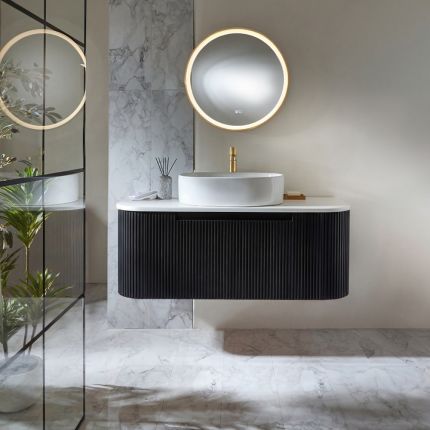Mueble de Lavabo Suspendido Curvo - Acanalado - Disponible en Mueble de Lavabo Suspendido Curvo Acanalado - Efecto Madera Roble  - Disponible en Distintas Medidas y Selección de Lavabos - Chalton