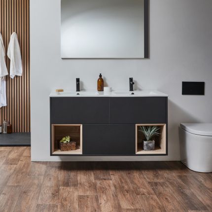Mueble Suspendido con Repisa Abierta de 1210mm con Lavabo Doble - Selección de Acabados y Luz LED - Hoxton
