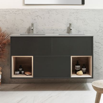 Mueble de Lavabo de 1212mm Suspendido con Repisa Abiertacon Lavabo Doble Elements - Selección de Lavabos, Acabados y con Luz LED - Hoxton