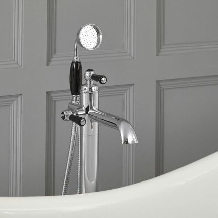 Grifo Mezclador Autoportante con Telefonillo para Bañera Estilo Tradicional Color Cromo y Negro - Elizabeth