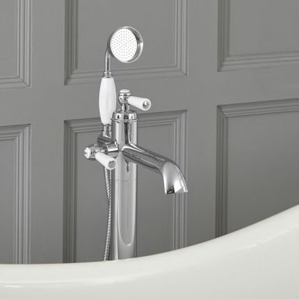 Grifo Mezclador Autoportante con Telefonillo para Bañera Estilo Tradicional Color Cromo y Blanco - Elizabeth