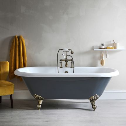 Ba&ntilde;era Exenta Tradicional Gris Piedra con Doble Respaldo con Patas de Color Oro Cepillado - 1795mm x 785mm (Sin Agujeros para la Grifer&iacute;a) - Elton