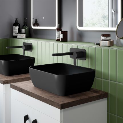 Lavabo Sobre Encimera - Negro Opaco Moderno Cuadrado - 455mm x 325mm (Sin Agujeros para la Grifería)