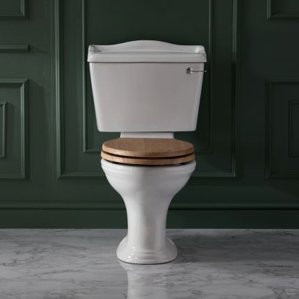 Inodoro WC Tradicional Completo con Cisterna de Salida Horizontal y Tapa de Color Roble con Tonalidad Cálida – Ryther