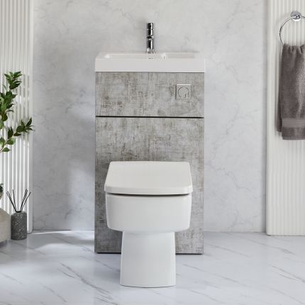 Conjunto de Baño de Color Gris Hormigón Completo con Mueble de Lavabo y WC Integrado con Inodoro Exton - 500mm x 830mm - Botón de Descarga Cromado - Cluo