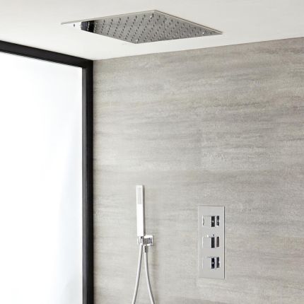 Conjunto de Ducha Termostático Triple de 2 Funciones con Alcachofa de Ducha Empotrable de 400mm y Ducha de Mano - Kubix