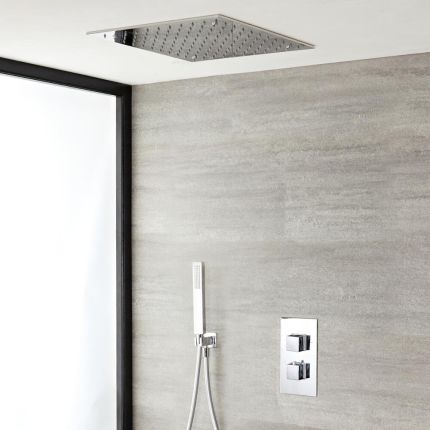 Conjunto de Ducha Termostático de 2 Funciones con Alcachofa de Ducha de Techo Empotrable de 400mm y Ducha de Mano - Kubix