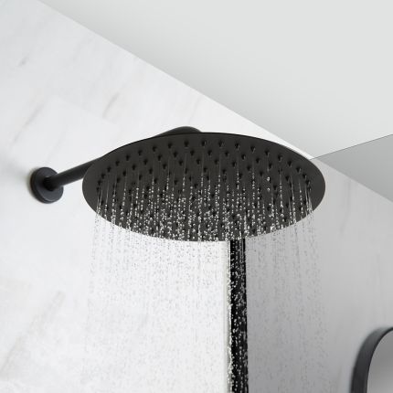 Llave de Ducha Termostática Empotrable de 2 Función con Desviador Negra con Alcachofa de Ducha Redonda de 300mm y Telefonillo - Nox