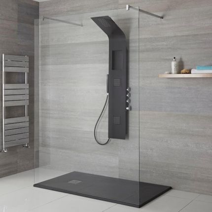 Panel de Ducha Termostático Negro de 3 Funciones 1450x245x495mm con Erogador Integrado, Repisa y Ducha de Mano con Flexo de Ducha - Stamford