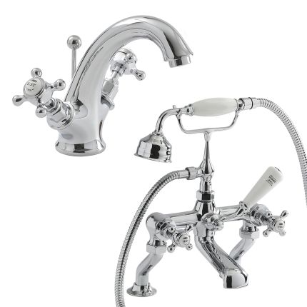 Conjunto de Grifería de Baño en Estilo Tradicional con Cabezal en Cruceta Completo con Grifo Mezclador de Ducha y un Grifo de Lavabo Monoforo - Selección de Acabados - Elizabeth