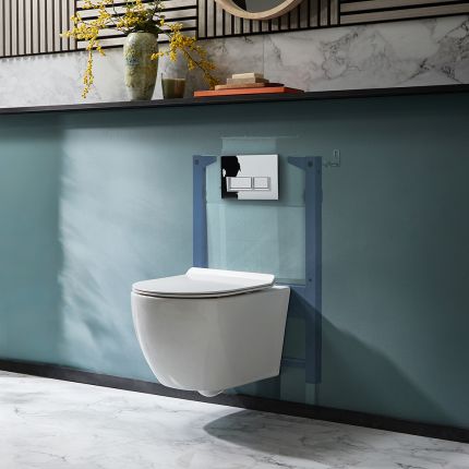  Inodoro Supendido Moderno Blanco Sin Brida con Estructura Mural Baja - Selección de Placas de Descarga - Otterton