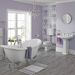 Conjunto de Cuarto de Baño Tradicional Completo Grifería, WC , Cisterna Elevada, Tapa Blanca de WC, Bañera y Lavabo - Carlton