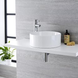 Lavabo Sobre Encimera Redondo de Cerámica 400x400mm con Grifo Mezclador Alto para Lavabo