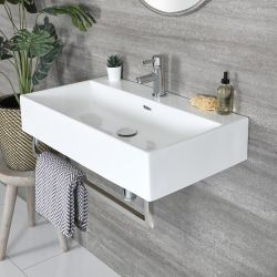 Lavabo Suspendido Moderno Rectangular Blanco 750mm x 420mm con Barra Porta Toallas Cromada- Sandford